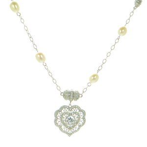 Joseph Esposito Solid 925 Sterling Silver Culture Pearl CZ Lace Heart Necklace